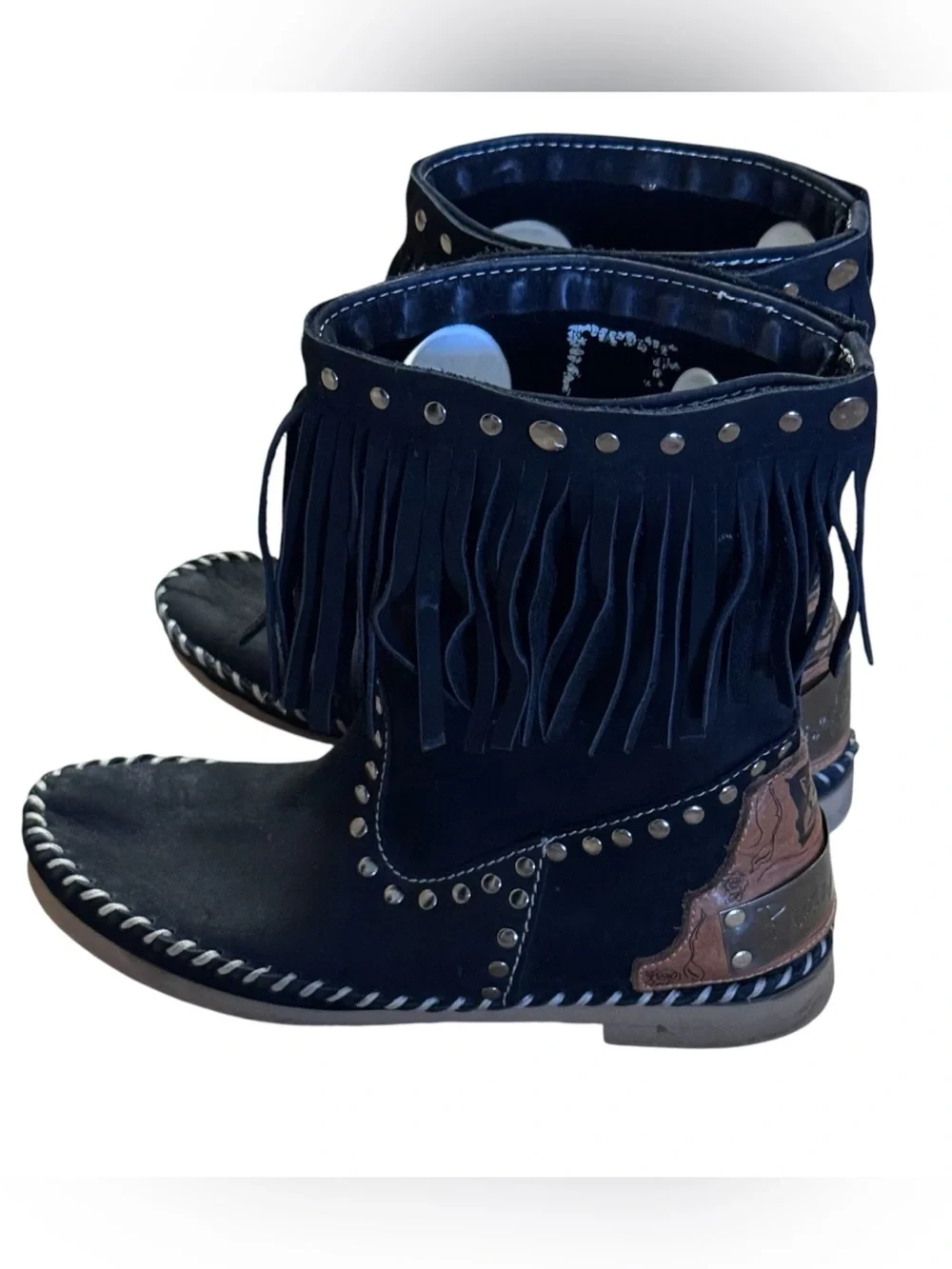 Rose Gonzales Black Studded Boots Moccasin Style Size 7 Removable Fringe Tassel
